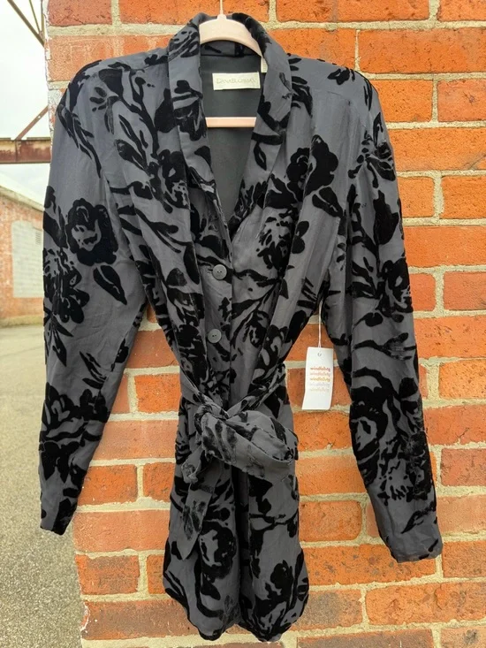 Dana Buchman Gray and Black Velvet Burnout Belted Blazer vintage - Picture 1 of 8